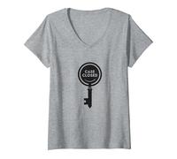 Graphique mystère de détective à clé fermée, T-Shirt avec Col en V, Femme, Gris Chiné, S
