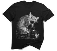 Graphique Vintage Chat Mordant Une Bouteille De Bière T-Shirt (S, Noir)