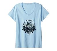 Graphisme Animalier Wolf Pack Mentality Wilderness Spirit T-Shirt avec Col en V, Femme, Bleu Céleste, L