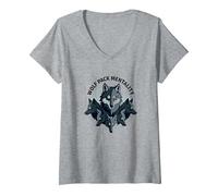 Graphisme Animalier Wolf Pack Mentality Wilderness Spirit T-Shirt avec Col en V, Femme, Gris Chiné, M
