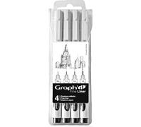GRAPH'IT Fine Liner pochette de 4 feutres à pointes calibrées encre pigmentée à base d’eau résistante à la lumière et au gommage, couleur Noir (0.03 - 0.1 - 0.3 - 0.5)