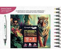 Graph'it Go - Kit Coloriage Mystère 12 marqueurs acryliques sans amorçage, double pointe pinceau et fine + 8 cartes A4 de coloriage mystère à colorier - Set Aventure Tropicale