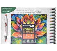 Graph'it Go - Kit Coloriage Mystère 12 marqueurs acryliques sans amorçage, double pointe pinceau et fine + 8 cartes A4 de coloriage mystère à colorier - Set Exotic Mandala
