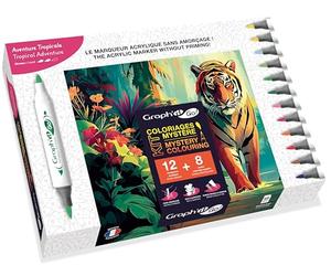 Graph'it Go - Kit Coloriage Mystère 12 marqueurs acryliques sans amorçage, double pointe pinceau et fine + 8 cartes A4 de coloriage mystère à colorier - Set Aventure Tropicale