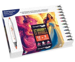 Graph'it Go - Kit Coloriage Mystère 12 marqueurs acryliques sans amorçage, double pointe pinceau et fine + 8 cartes A4 de coloriage mystère à colorier - Set Monde Fantastique