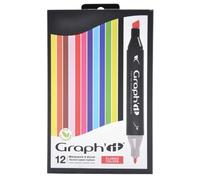 Graph'it - Set de 12 Markers à Alcool Double Pointe : Fine et Biseautée pour Dessin de Manga, Illustration, Colorant, Esquisse, Écriture - Rechargeables - Set Classic