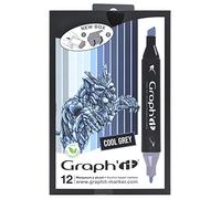 Graph'it - Set de 12 Markers à Alcool Double Pointe : Fine et Biseautée pour Dessin de Manga, Illustration, Colorant, Esquisse, Écriture - Rechargeables - Set Cool Greys