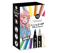 Graph'it - Set de 12 Marqueurs à Alcool Double Pointe : Fine et Biseautée pour Dessin de Manga, Illustration, Colorant, Esquisse, Écriture - Rechargeables - Set Manga