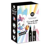 Graph'it - Set de 12 Marqueurs à Alcool Double Pointe : Fine et Biseautée pour Dessin de Manga, Illustration, Colorant, Esquisse, Écriture - Rechargeables - Set Kawaii