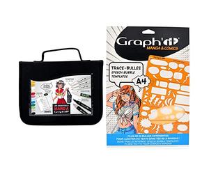 GRAPH'IT Trousse Essentiels Manga - 12 marqueurs + 3 liners + 1 Shake blanc + trame A6, noir & Trace-bulles Modèle A