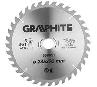 GRAPHITE Lame de scie circulaire 235x30 mm, Widia | pour bois, panneaux de particules, MDF | Bagues de réduction en set | 36 dents