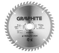 GRAPHITE Saw blade, scie circulaire, Widia, 165 x 20 mm, 48 teeth ATB, épaisseur de lame 1,5 mm, épaisseur des doigts 2,6 mm, réductions : 20 x 16 mm.