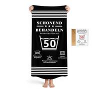 Gratitopia Cadeaux pour le 50e anniversaire - Serviette de plage noire et serviette de plage avec carte d'anniversaire 50 (160 x 80 cm) - Traiter en douceur le bon morceau est 50 ans - Cadeau amusant