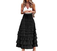 Gratoryna Jupe longue en tulle à volants pour femme - Taille haute - Jupon à volants, noir, Taille L