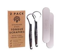 Gratte-langue en acier inoxydable (lot de 2 avec 2 étuis de voyage en acier inclus), gratte-langue pour réduire la mauvaise haleine, gratte-langue 100 % métal avec étuis métalliques (sans plastique)