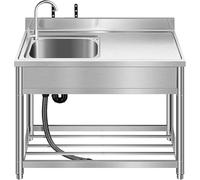 Gratuit Stadig Commercial Restaurat Kitche SIK Set Stailess Steel Sigle Bowl Utility SIK, Outdoor SIK avec Tuyau D’Eau Froide Washig Had Basi Laudry SIK W/workbech & Storage Shelf