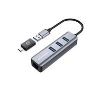 GRAUGEAR | 3 Ports USB 3.0 HUB + Gigabit Ethernet LAN RJ45 | USB-C | USB-A | Boîtier en Aluminium | Adaptateur USB Type-C | Adaptateur LAN USB | G-HUB31L-A, Gris