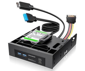 GRAUGEAR Hub USB sur panneau avant de 5,25", lecteur de carte SD/microSD interne pour ordinateur de bureau, port USB-C Gen2x2 20 Gbit/s, deux emplacements SSD/HDD de 2,5", clé USB 3.2 Type-E Key-A et