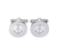 Gravado Boutons de Manchette Ronds en Inox pour Homme, Ancre, Personnalisés avec Initiales, Couleur Argent