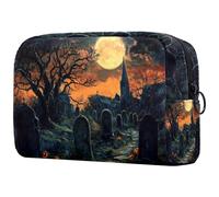 Graveyard Trousse à cosmétiques avec motif citrouille pour femme, trousse de toilette de voyage, grande pochette de maquillage pratique avec fermeture éclair, multicolore, 18.5x7.5x13cm/7.3x3x5.1in,