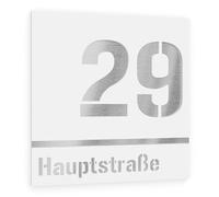 Graviers Design plaque numéro de maison à deux lignes - 380x380 mm, blanc, acier inox V2A, personnalisable