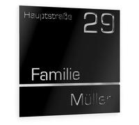 Graviers Design Plaque Numéro de Maison et Nom | Chiffres et lettres personnalisables | 230 x 230 mm Noir | Acier inoxydable | Fabriqué en Allemagne