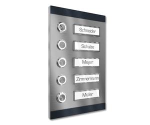 Graviers Design Sonnette de porte apparente pour immeuble collectif 4 plaques nominatives interchangeables - inox V2A 140x220 mm revêtu par poudre RAL 7016 - éclairage au choix bouton LED