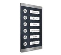 Graviers Design Sonnette de porte apparente pour immeuble collectif 6 plaques nominatives interchangeables - inox V2A 140x255 mm - éclairage du nom sélectionnable LED Bouton-poussoir Plaque