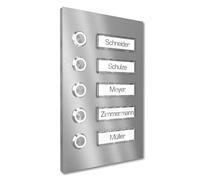 Graviers Design Sonnette de porte apparente pour plusieurs familles avec bouton-poussoir de sonnette LED 5 plaques nominatives - inox V2A 140x220 mm - éclairage du nom au choix