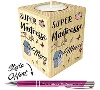 Gravure Events Bougie Super maîtresse + Stylo Offert - Porte Bougie en Bois - Cadeau de Fin d'année Scolaire pour remercier l'institutrice - Cadeau Maîtresse d'école 60x60x70
