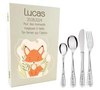 Gravure Events - Coffret en bois avec 4 Couverts personnalisés pour enfant - prénom gravé en FRANCE - Cadeau Noël bébé, Baptême, cadeau de Naissance fille ou garçon - Modèle Renard