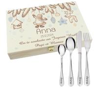 Gravure Events - Coffret en bois avec 4 Couverts personnalisés pour enfant - prénom gravé en FRANCE - Cadeau pour le 1er Noël fille ou garçon - Premier Noël de bébé modèle PèreNoel