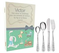 Gravure Events - Coffret en bois avec 4 Couverts personnalisés pour enfant - prénom gravé en FRANCE - Cadeau Noël bébé, Baptême, cadeau de Naissance fille ou garçon - Modèle Jouets