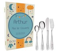 Gravure Events - Coffret en Bois avec 4 Couverts personnalisés pour Enfant - prénom gravé en France - Cadeau Noël bébé, Baptême, Cadeau de Naissance garçon - Modèle Blue Cloud