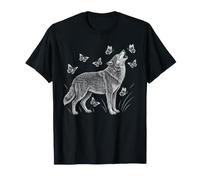 Gravure Vintage Motif Loup Hurlant et Papillons T-Shirt