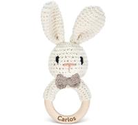 GRAVURZEILE Anneau de dentition en bois gravé - Tête d'animal lapin - Personnalisable avec nom - Cadeau de naissance pour bébé - Peluche en coton - Hochet pour bébé - Cadeau de baptême pour nouveau-né