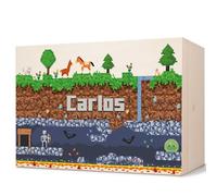 GRAVURZEILE Boîte à souvenirs personnalisée pour bébé - Terre de pixel - Personnalisable avec nom - Boîte en bois pour filles et garçons - Cadeau de naissance - Boîte à souvenirs