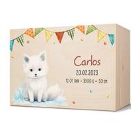 GRAVURZEILE Boîte à souvenirs pour bébé - Animaux de fête - Renard de neige - Personnalisable avec nom et date - Boîte en bois pour filles et garçons - Cadeau de naissance - Boîte à souvenirs pour