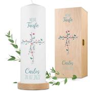 GRAVURZEILE Bougie imprimée - Bougie de baptême - Croix de fleurs - Bougie imprimée brillante pour baptême - Cadeau de baptême personnalisé pour filles et garçons - Bougie pilier de qualité