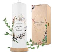 GRAVURZEILE Bougie imprimée - Design polygone floral - Personnalisable avec nom, date et texte souhaité - Cadeau de mariage au couple de mariés - Bougie pilier - 8 cm x 25 cm (Ø x H) - Blanc