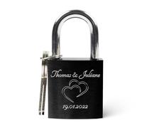 GRAVURZEILE Cadenas d'amour avec gravure et clé - Cadenas personnalisé - Cadeaux personnalisés pour lui et elle pour la Saint-Valentin - Cadeau de Saint-Valentin pour homme et femme - Noir
