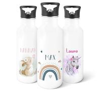 GRAVURZEILE - Gourde en acier inoxydable imprimée - Bleu arc-en-ciel - Personnalisée avec nom - 600 ml - Anti-fuite avec bec pliable et paille intégrée