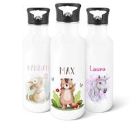 GRAVURZEILE - Gourde imprimée en acier inoxydable - Groupe d'animaux de la forêt - Personnalisable avec nom - 600 ml - Anti-fuite avec bec pliable et paille intégrée