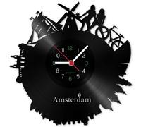 GRAVURZEILE Horloge disque - Skyline Amsterdam 2018 - Horloge murale en vinyle moulé avec horizon de la ville - 30 cm - Horloge design Upcycling - Décoration murale vintage - Horloge rétro - Fabriquée
