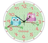 GRAVURZEILE Horloge murale pour enfant - Motif chouettes avec nom - Horloge murale silencieuse pour enfants - Convient pour filles et garçons - Horloge éducative colorée pour enfants - 30 cm - Lecture