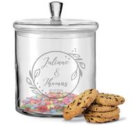 GRAVURZEILE Leonardo Pot à biscuits en verre avec gravure - Boîte à biscuits en verre avec couvercle - Boîte de conservation personnalisée avec nom et date - Cadeau pour couple, mariage comme cadeau