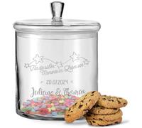 GRAVURZEILE Leonardo Verre à biscuits avec gravure - Boîte à biscuits en verre à bonbons avec couvercle - Boîte de conservation personnalisée avec nom et date - Cadeau pour les couples, pour un