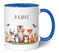 GRAVURZEILE Tasse imprimée avec nom, groupe d'animaux safari, cadeaux personnalisés pour garçons et filles, pour anniversaire, rentrée des classes, communion et confirmation, bleue