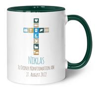 GRAVURZEILE Tasse imprimée - Pour confirmation V2 - Personnalisable avec nom et date - Cadeau pour communion, confirmation - Cadeau pour garçons et filles - Couleur : vert foncé