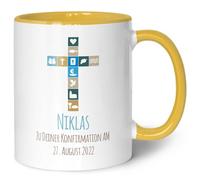 GRAVURZEILE Tasse imprimée - Pour confirmation V2 - Personnalisable avec nom et date - Cadeau pour communion, confirmation - Cadeau pour garçons et filles - Couleur : jaune